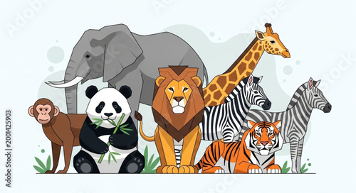 Diverse Group of Wild Animals Standing Together.