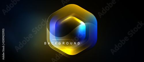 Hexagon glows with blue, yellow gradients. Dark background emphasizes vibrant central shape. Modern design element for digital projects.