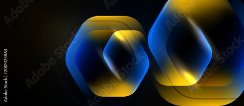 Abstract hexagons overlap, creating luminous yellow, blue gradients. Dark background emphasizes shapes, depth. Modern design element.