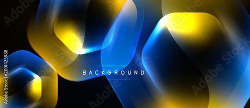 Abstract shapes overlap, creating vibrant blue, yellow gradients. Dark background emphasizes luminous forms, modern design element.