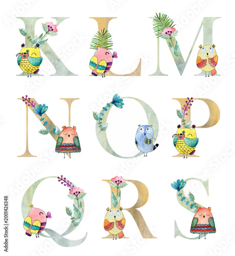 Vector watercolor letters with colorful owls for invitation card, nursery poster and other.