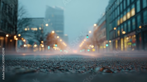 Rainy city street at dusk with fog and lights casting a dreamy atmosphere in urban environment, creating a mysterious and tranquil setting for city life