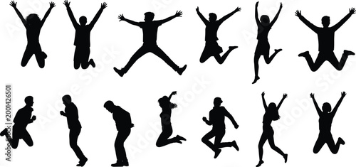 Collection of jumping people silhouettes featuring happy men and women celebrating success and freedom for active lifestyle vector designs