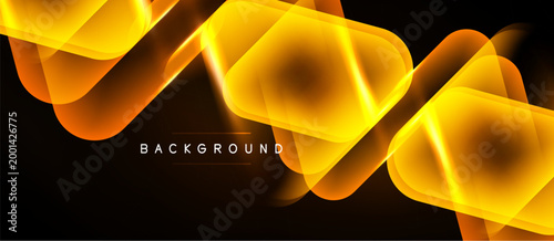 Abstract golden layers overlap black background. Dynamic composition creates modern visual effect. Brightness emphasizes flowing shapes.