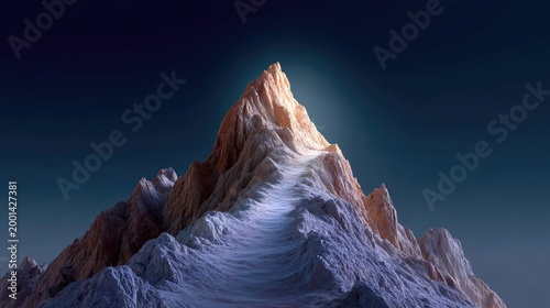 Majestic Mountain Peak Under Night Sky with Ethereal Glow and Dramatic Shadows Highlighting Rugged Landscape Formation in a Serene Atmosphere