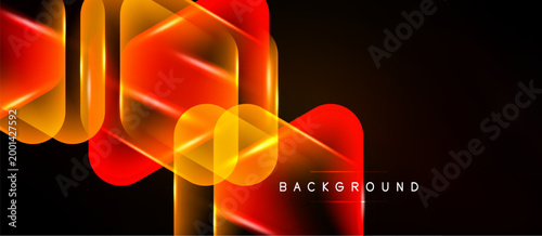 Abstract neon shapes overlap, creating vibrant red, orange glow. Dark background emphasizes luminosity, modern design element.