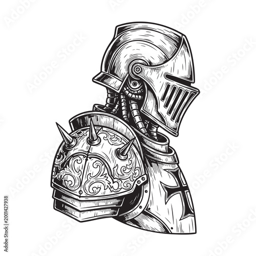 Ornately Armored Medieval Knight in Decorated Breastplate — Chivalric Warrior Portrait Ink Vector Art
