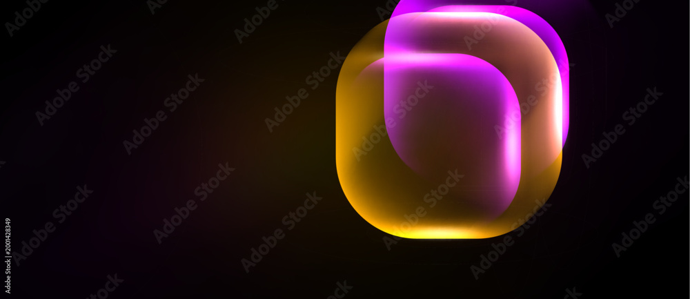 Naklejka premium Abstract glowing shapes overlap, creating luminous effect. Dark background emphasizes vibrant colors, golden hues, purple tones.
