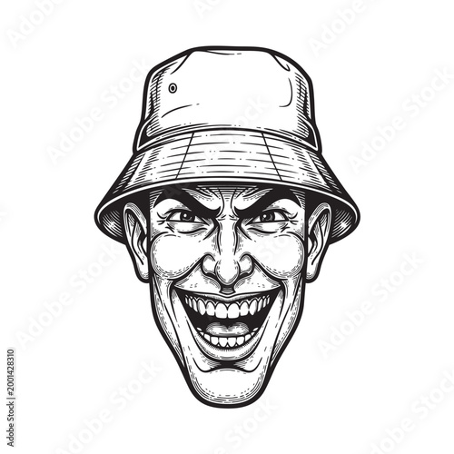 Maniacally Grinning Man in Bucket Hat — Unhinged Comic Villain Portrait Ink Drawing Vector