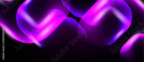 Abstract shapes, vibrant purple hues, glowing lines create dynamic composition. Dark background emphasizes luminosity, modern aesthetic.