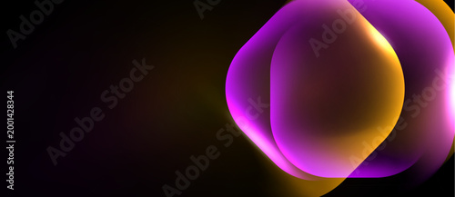 Abstract shapes overlap, creating vibrant purple, orange glow. Dark background emphasizes luminosity, smooth gradients present.