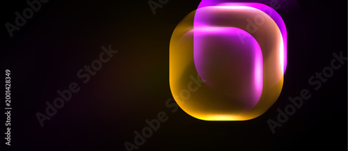 Abstract glowing shapes overlap, creating luminous effect. Dark background emphasizes vibrant colors, golden hues, purple tones.