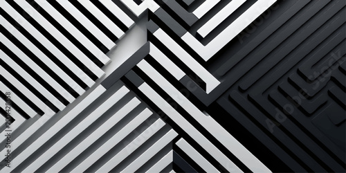An abstract metal texture of black and white stripes creates a 3D geometric labyrinth pattern and seamless square maze design representing a business challenge or solution concept