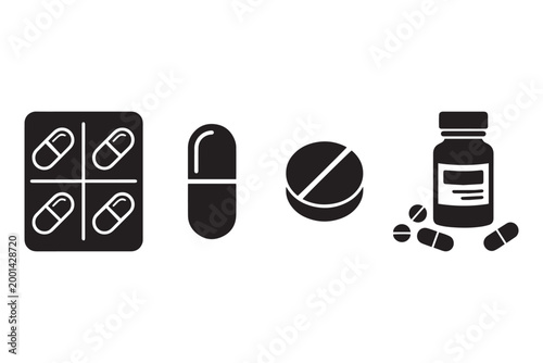 Medical Pills and Capsules Icon Set with Blister Pack and Bottle