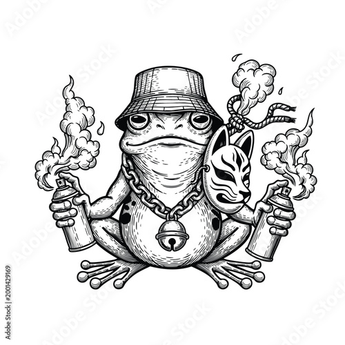 Stogie-Puffing Toad in Bucket Hat Draped in Chains — Gangster Amphibian Mascot Ink Illustration Vector