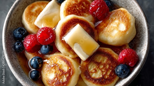 pancakes with butter and berries in a ceramic bowl
