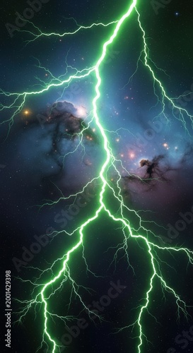 Powerful green lightning striking dark stormy sky