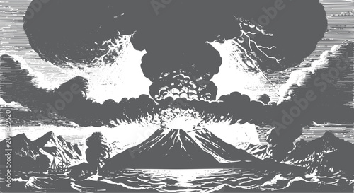 Volcano erupting with ash cloud and lightning over the sea