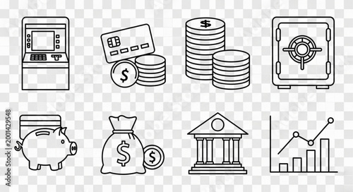 Financial Icons Collection Representing Money and Banking Services.