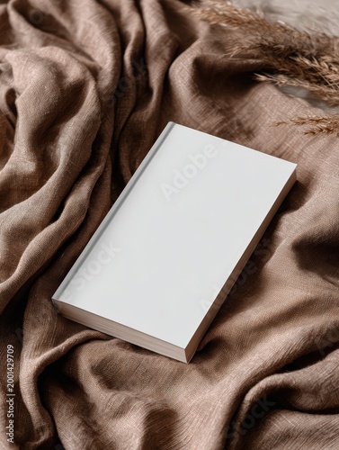 Minimalist White Journal on Soft Brown Fabric with Textured Backdrop