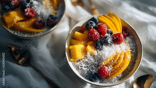 chia seed pudding with mango and berries in a bowl