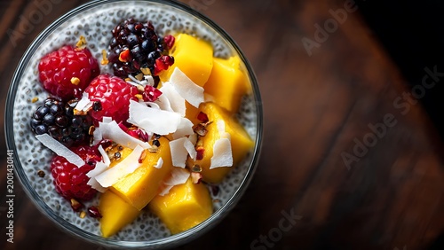 glass bowl of chia seed pudding with mango and berries