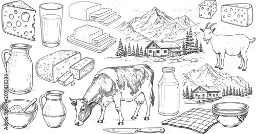 Dairy farm animals and products illustration Vector