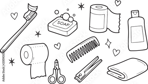 Bathroom hygiene and personal care doodle
