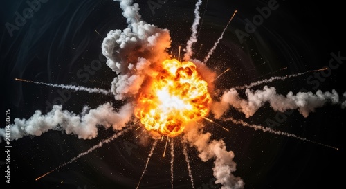 Massive explosion with bright orange fire and smoke in dark space
