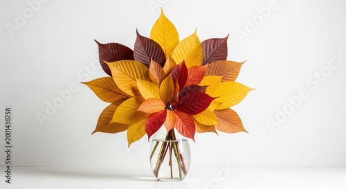 Colorful autumn poinsettia leaves in a clear glass vase