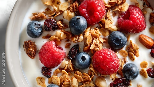 Close-up of yogurt with granola and mixed berries