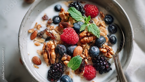 Bowl of yogurt with granola and mixed berries and mint