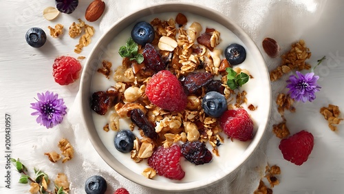 Bowl of yogurt with granola and mixed berries and flowers
