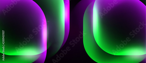 Abstract shapes, vibrant colors, purple green gradients. Smooth curves create flowing visual effect against black background.
