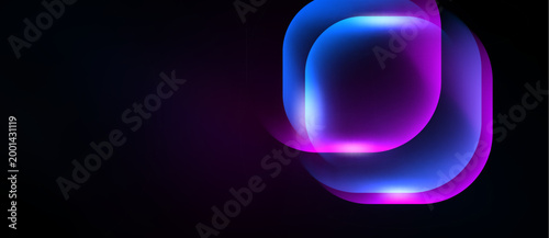 Abstract neon shapes overlap, creating vibrant glow. Dark background emphasizes luminous curves, modern design element.