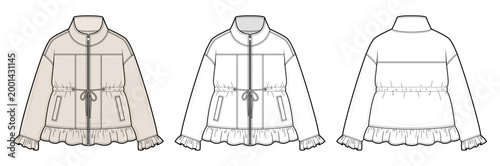 Cinched Waist Ruffle Hem Jacket Technical Fashion Illustration. Women Zip Up Utility Jacket with Drawstring Waist Welt Pockets and Frill Cuffs Vector Template Outerwear CAD Mockup
