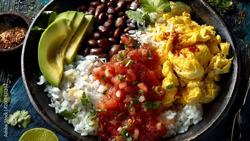 avocado and scrambled eggs on rice with beans and salsa