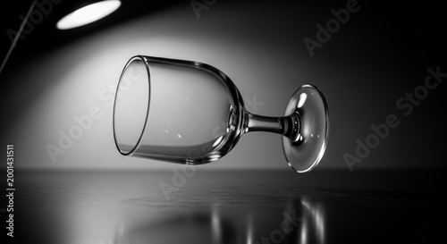 Empty wine glass on reflective surface with soft lighting