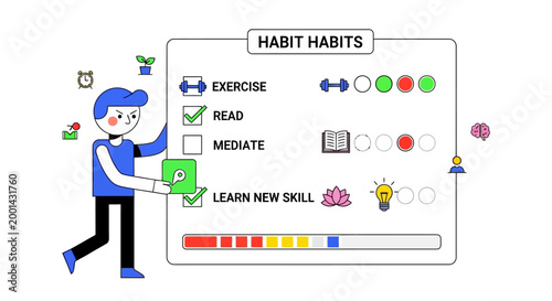Digital Habit Tracker for Personal Growth. Self-improvement illustration to monitor daily routines, achieve goals, and boost productivity effectively