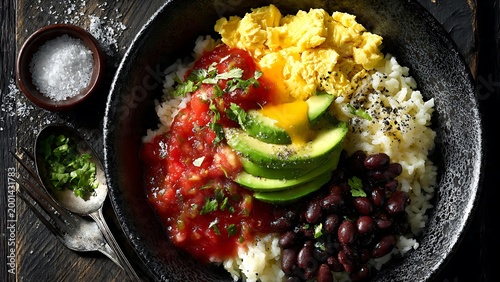 Tasty bowl of rice beans avocado and scrambled eggs