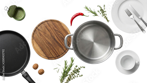 Assorted kitchen cookware and fresh herbs on light surface Vector