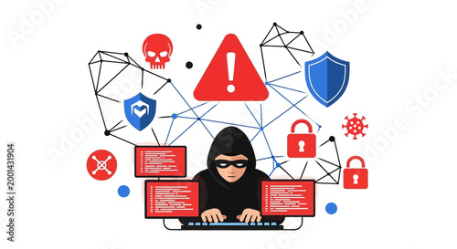 Cybersecurity hacker illustration with security icons and data protection elements