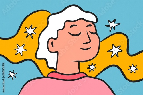 Calm dreamer with flowing hair and stars flat illustration