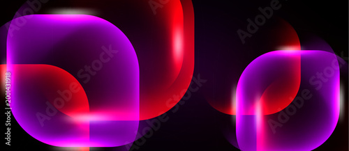 Abstract shapes overlap, creating vibrant pinks, reds, purples. Glowing effects suggest light sources, dark background enhances contrast.