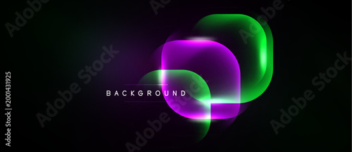 Abstract neon shapes overlap, creating vibrant glow. Dark background emphasizes luminous curves, modern design element.