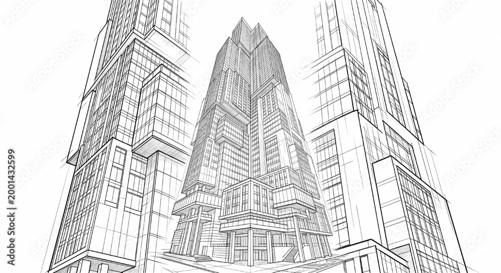 Obraz premium Modern City Skyscraper Architectural Sketch Perspective Urban Office Building Concept for Real Estate Development and Business Growth