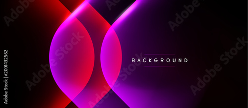 Abstract design features overlapping circles, vibrant gradients. Dark background emphasizes bright magenta, purple, red hues. Modern, dynamic composition.