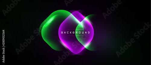 Abstract fluid shapes overlap, creating vibrant green, purple glow. Dark background emphasizes luminous design elements. Modern, dynamic composition.