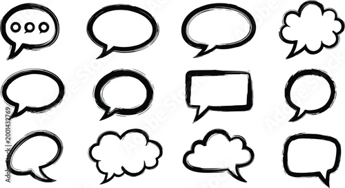Hand-drawn speech and thought bubble icons with explosive effects in black and white