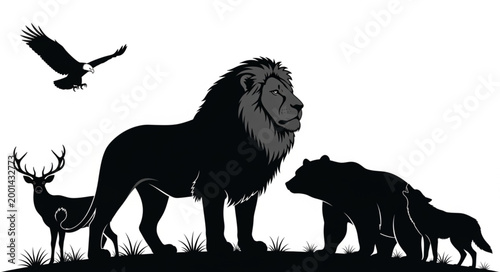 Silhouette of wild animals including lion deer bear eagle.